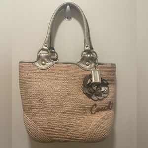 Vintage Coach Bleeker Straw leather Flower Tote F13373